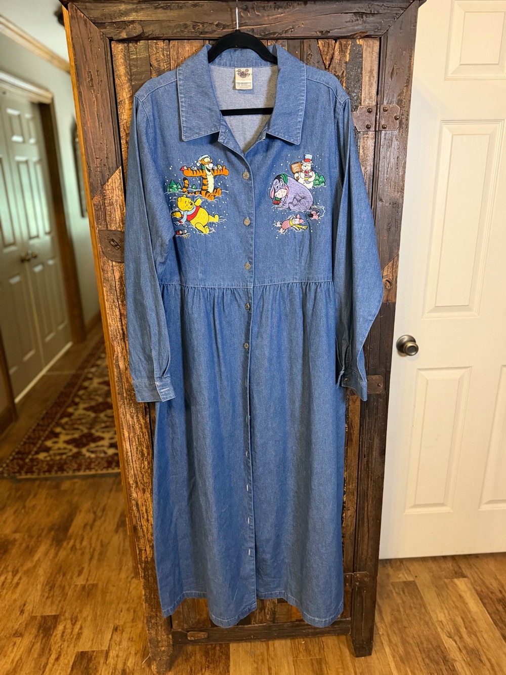 VTG 90s Disney Catalog Winnie Pooh Tigger Eeyore Denim Maxi Dress M grannycore